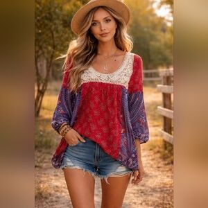 Bila Boho Red & Blue Lace Yoke Peasant Top Size M